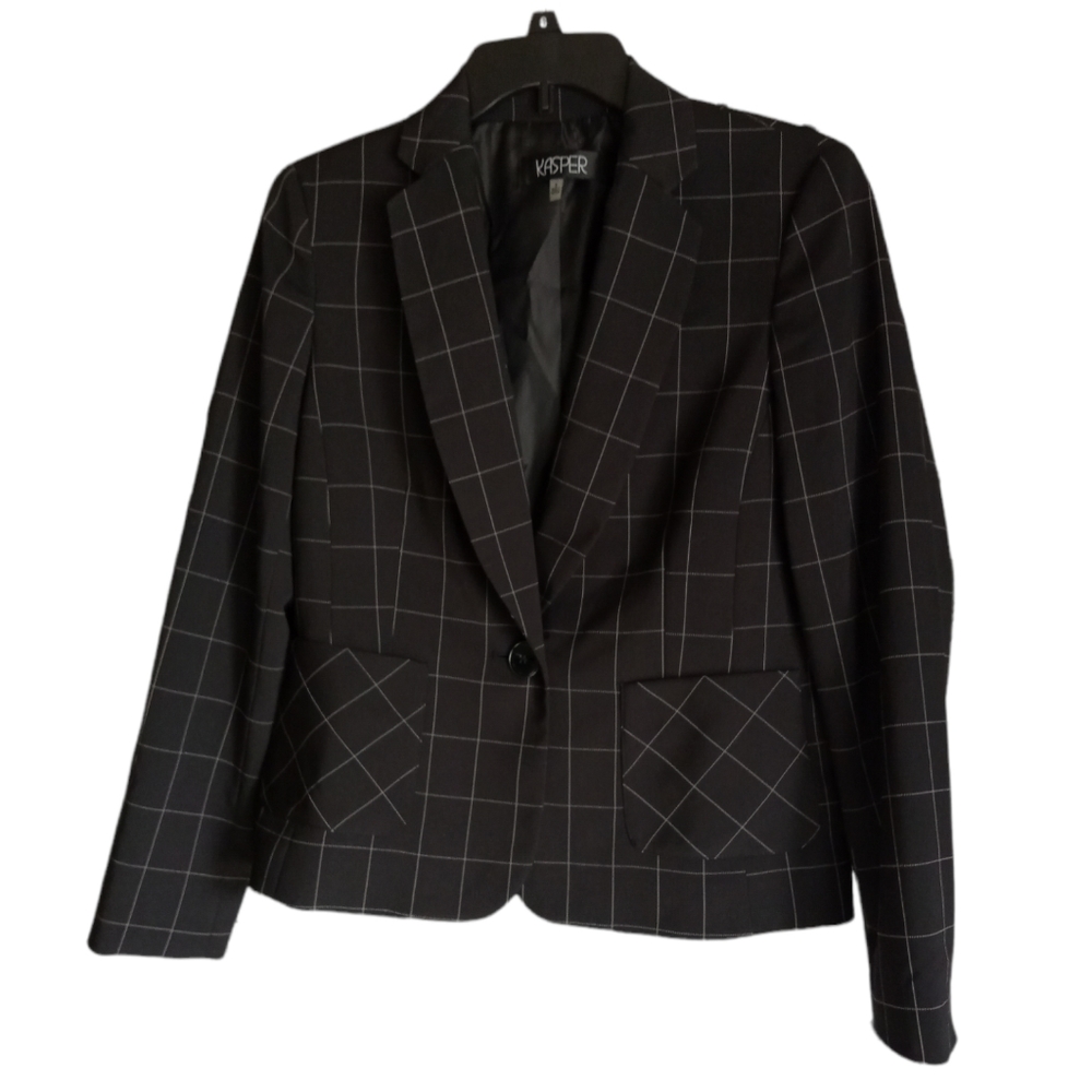 KASPER Women's Ice Windowpane One-button Lined Blazer Jacket Top